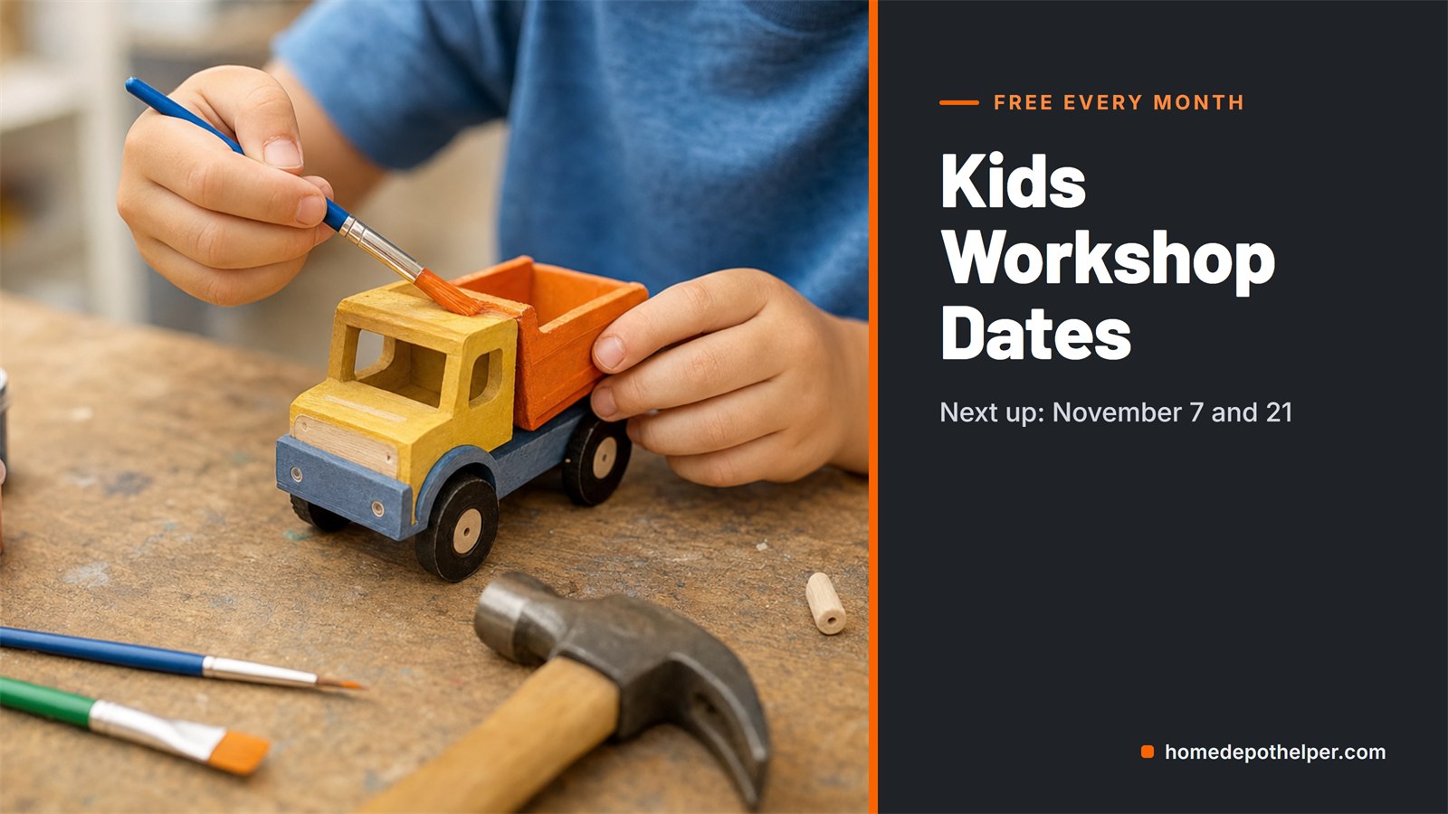 Child painting a wooden toy dump truck kit at a workbench next to a hammer