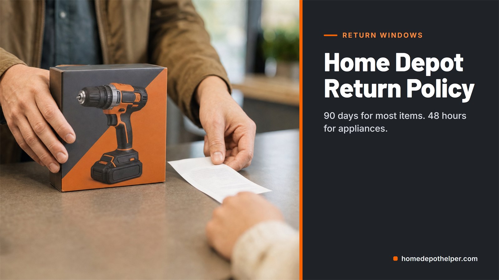 Shopper returning a boxed cordless drill with a receipt at a store service counter