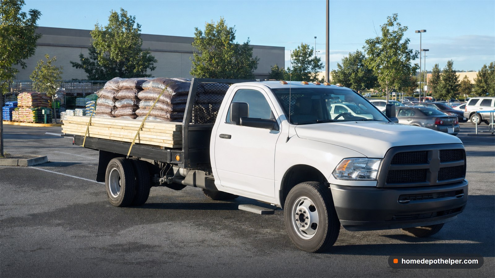White flatbed pickup truck loaded with lumber and mulch bags in a store parking lot