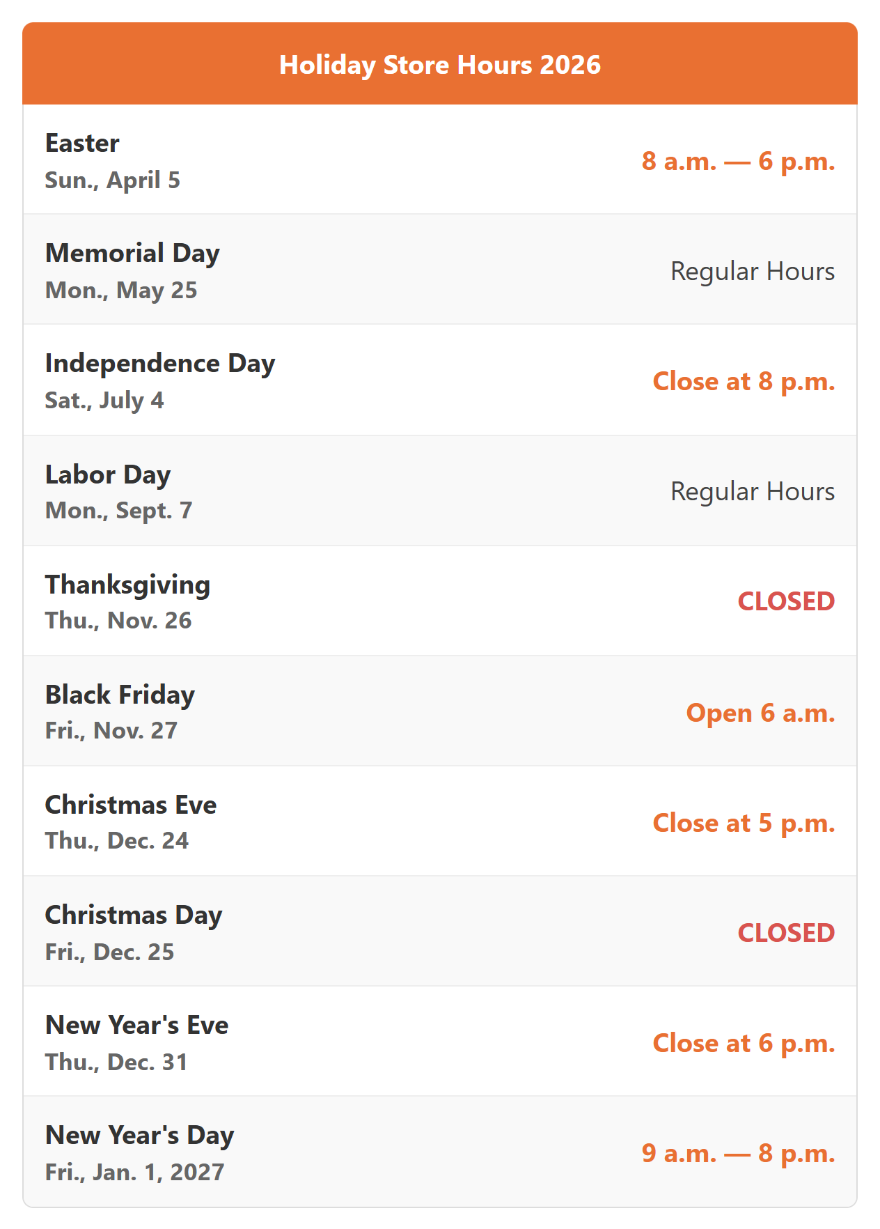 Home Depot 2026 holiday store hours schedule from Easter through New Year's Day 2027