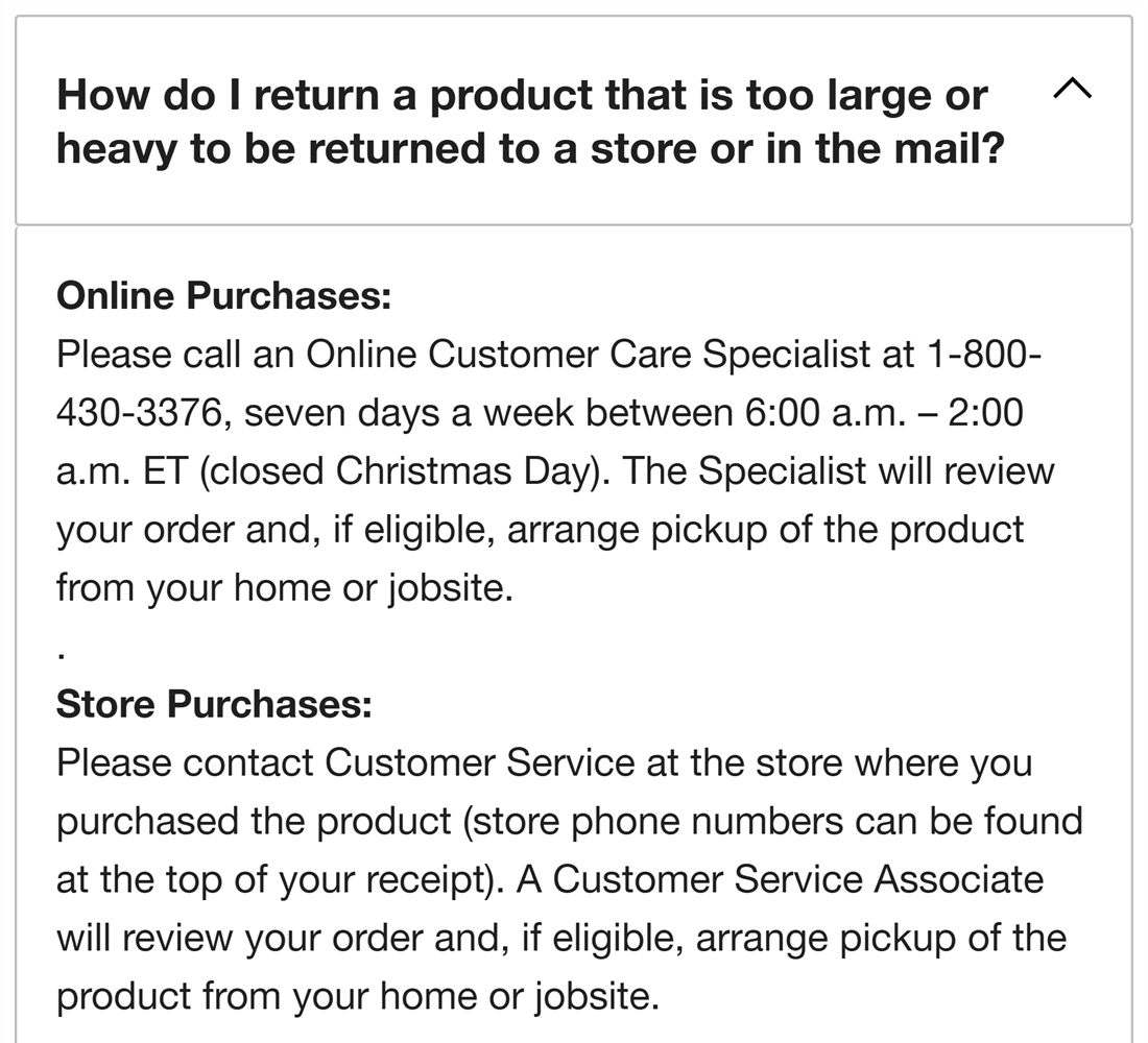 Home Depot help page listing online customer care hours of 6 a.m. to 2 a.m. ET, closed Christmas Day