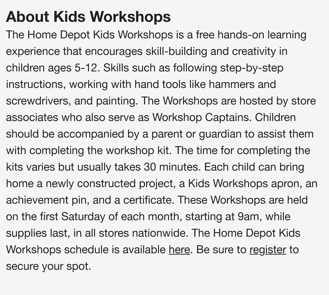 Home Depot description of Kids Workshops for ages 5 to 12, with an apron, achievement pin and certificate for each child