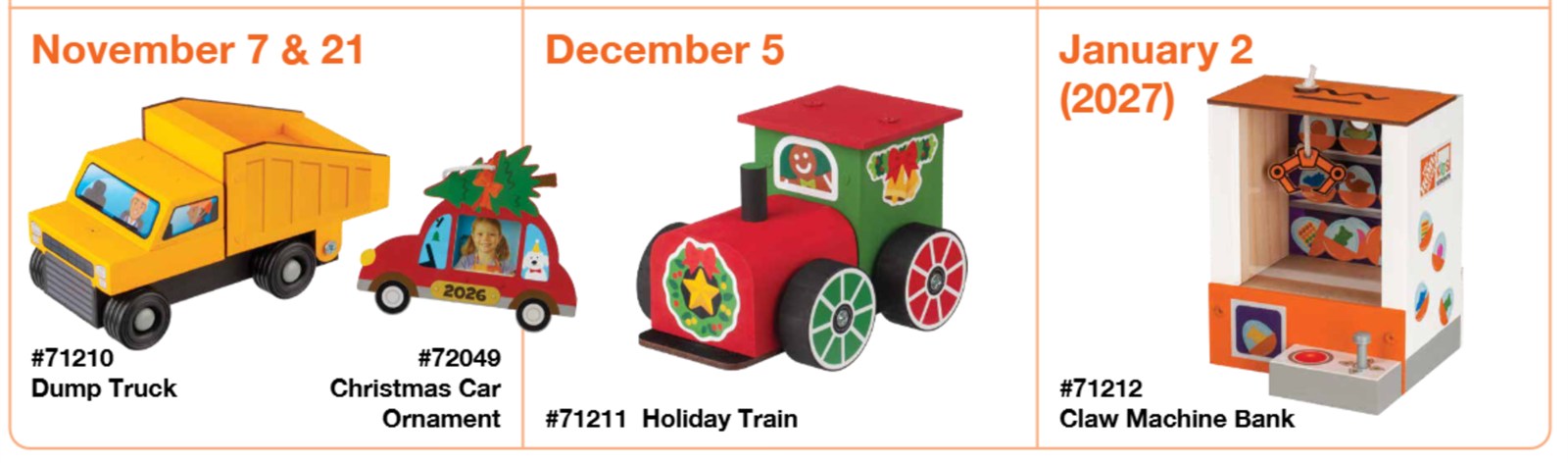 Home Depot 2026 Kids Workshops calendar showing the November, December and January 2027 kits