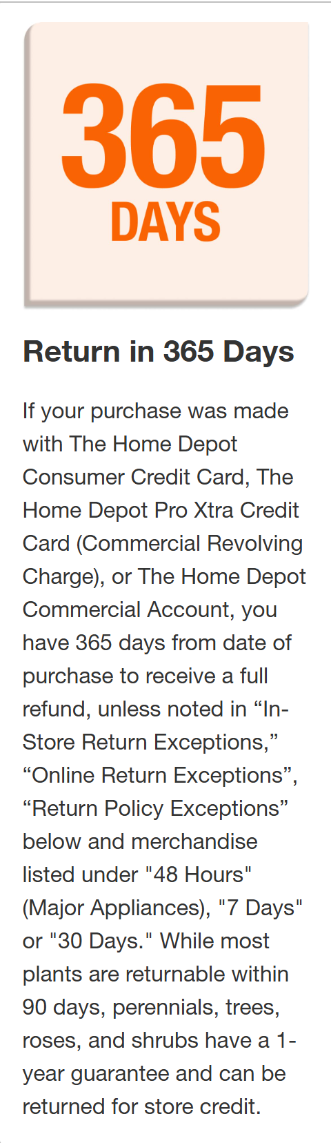 Home Depot return policy card for the 365 day window on Home Depot credit card purchases