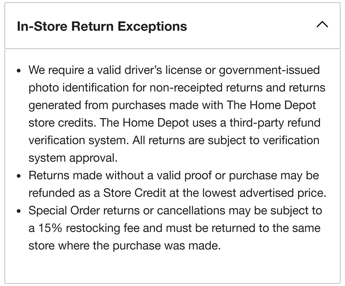Home Depot in-store return exceptions requiring photo ID for returns without a receipt