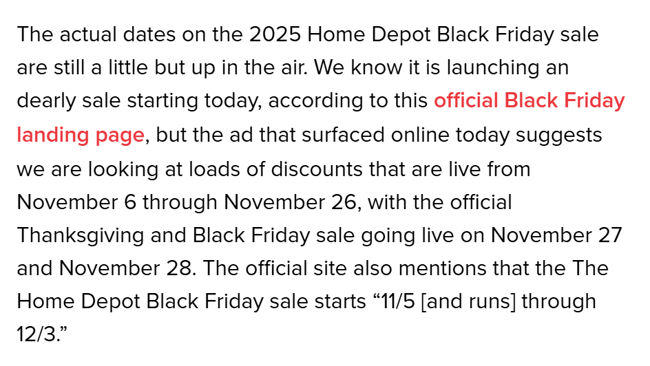 9to5Toys report that Home Depot's 2025 Black Friday sale ran from November 5 through December 3
