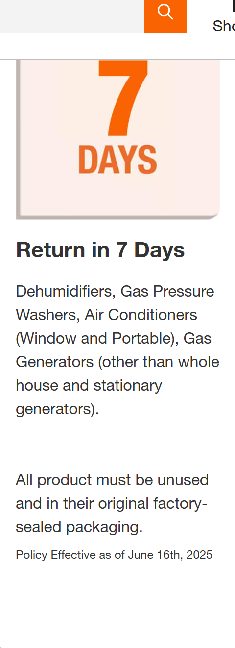 Home Depot return policy card listing the 7 day return window for gas generators, dehumidifiers and air conditioners