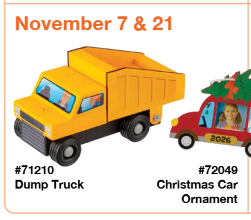 Home Depot Kids Workshop calendar for November 7 and 21, 2026, with the dump truck and Christmas car ornament kits