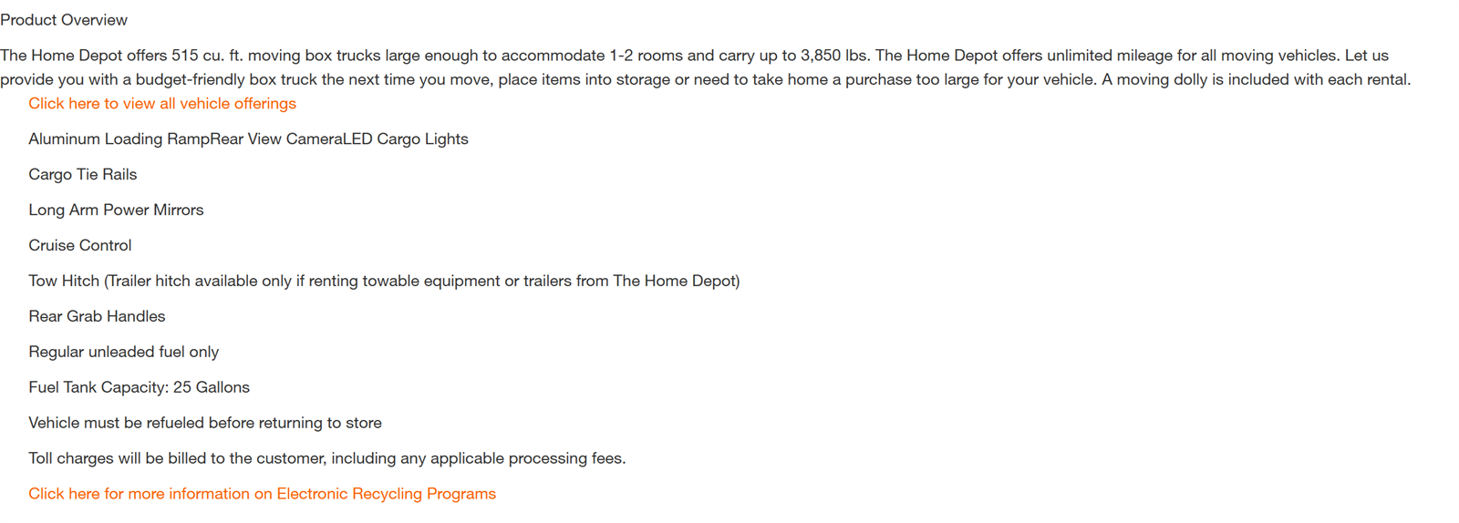 Home Depot box truck rental overview listing 515 cubic feet, up to 3,850 lbs, unlimited mileage and an included moving dolly