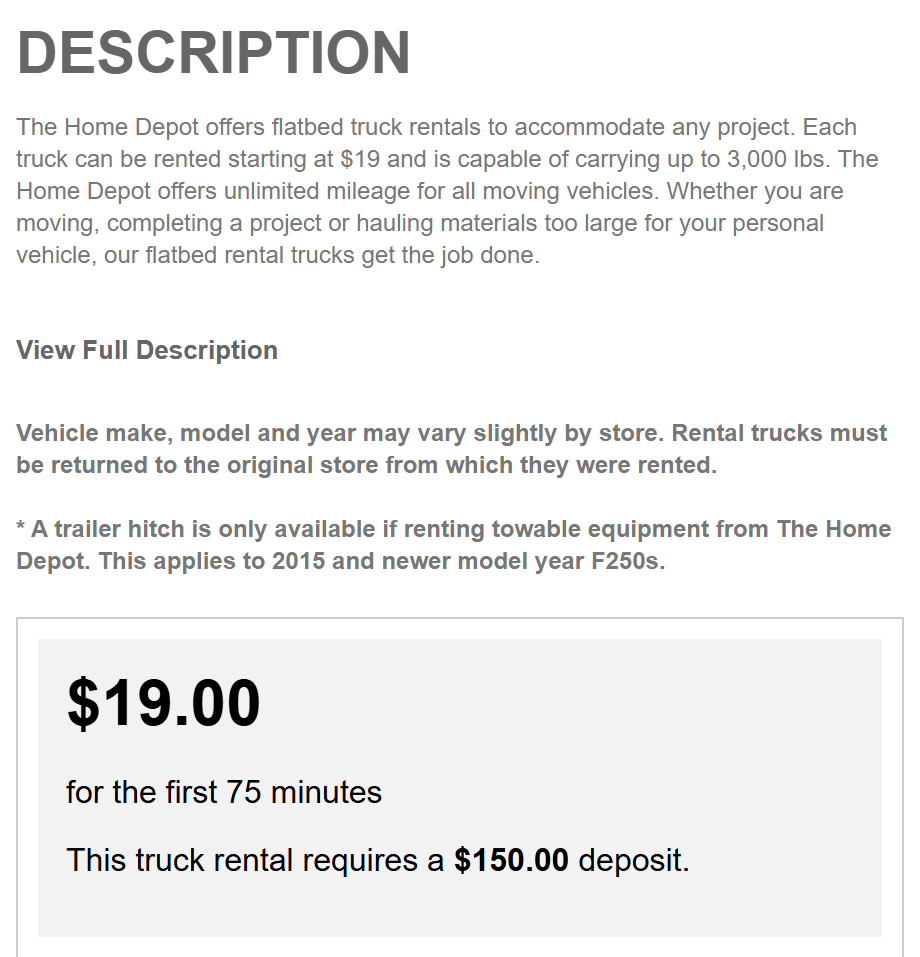Home Depot Load N Go truck page showing $19.00 for the first 75 minutes and a $150.00 deposit