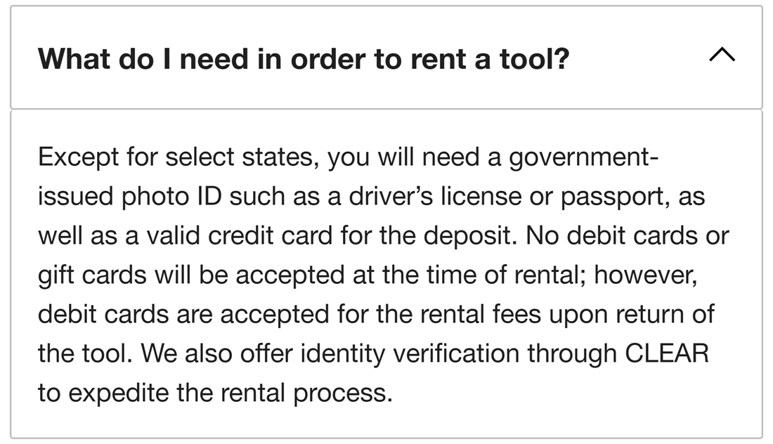 Home Depot rental FAQ listing a government photo ID and a credit card deposit, with no debit or gift cards at rental
