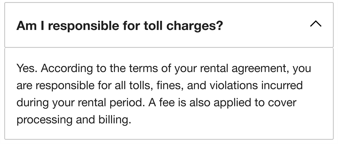 Home Depot rental FAQ saying renters are responsible for tolls, fines and violations plus a processing fee